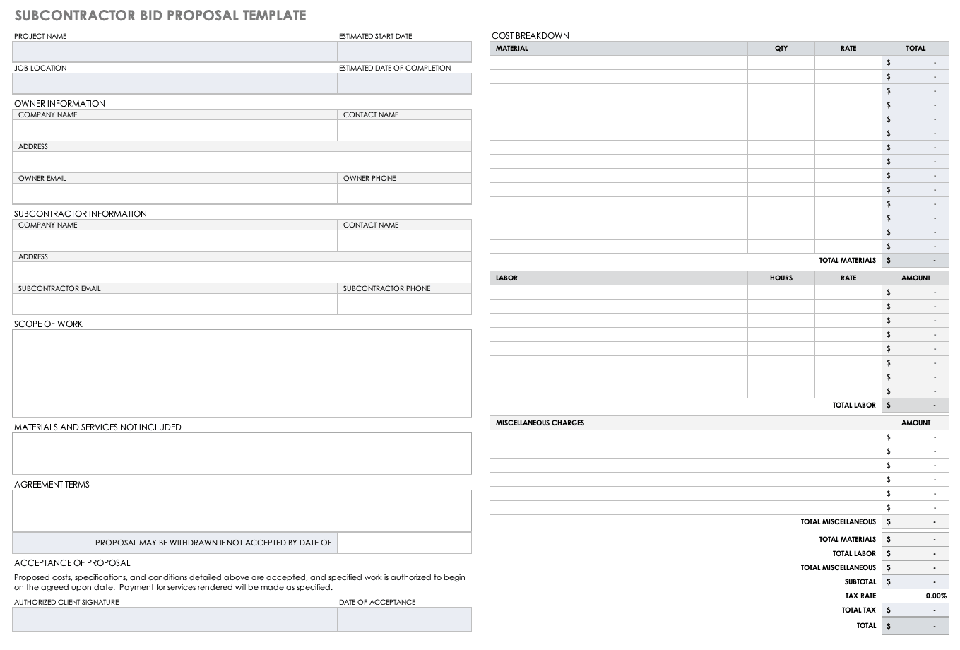 Subcontractor Bid Proposal Form Template