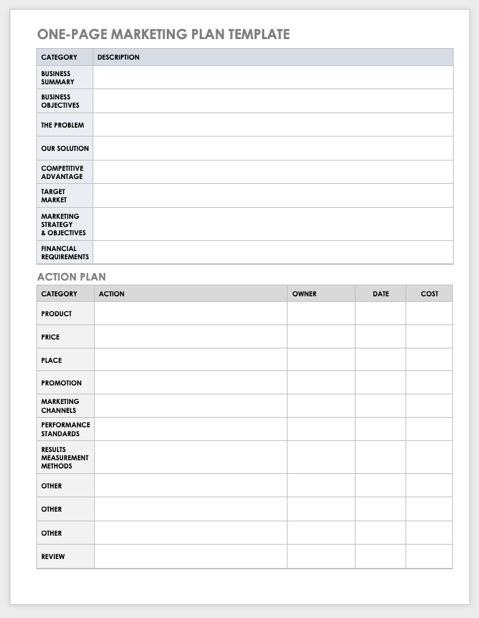 One Page Marketing Plan Template