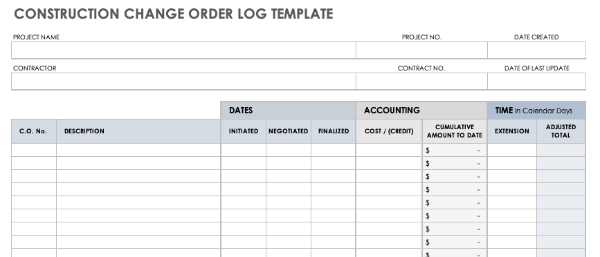 Construction Change Order Log Template