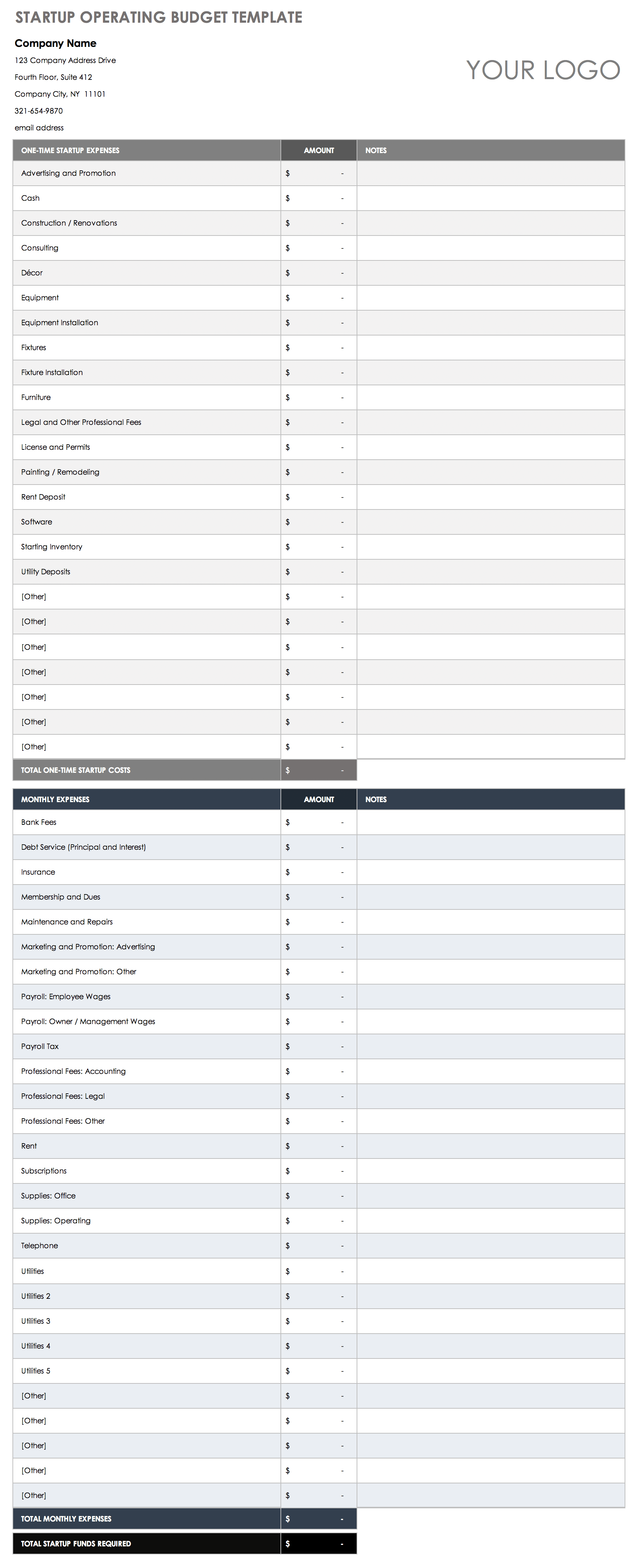 Startup Operating Budget Template