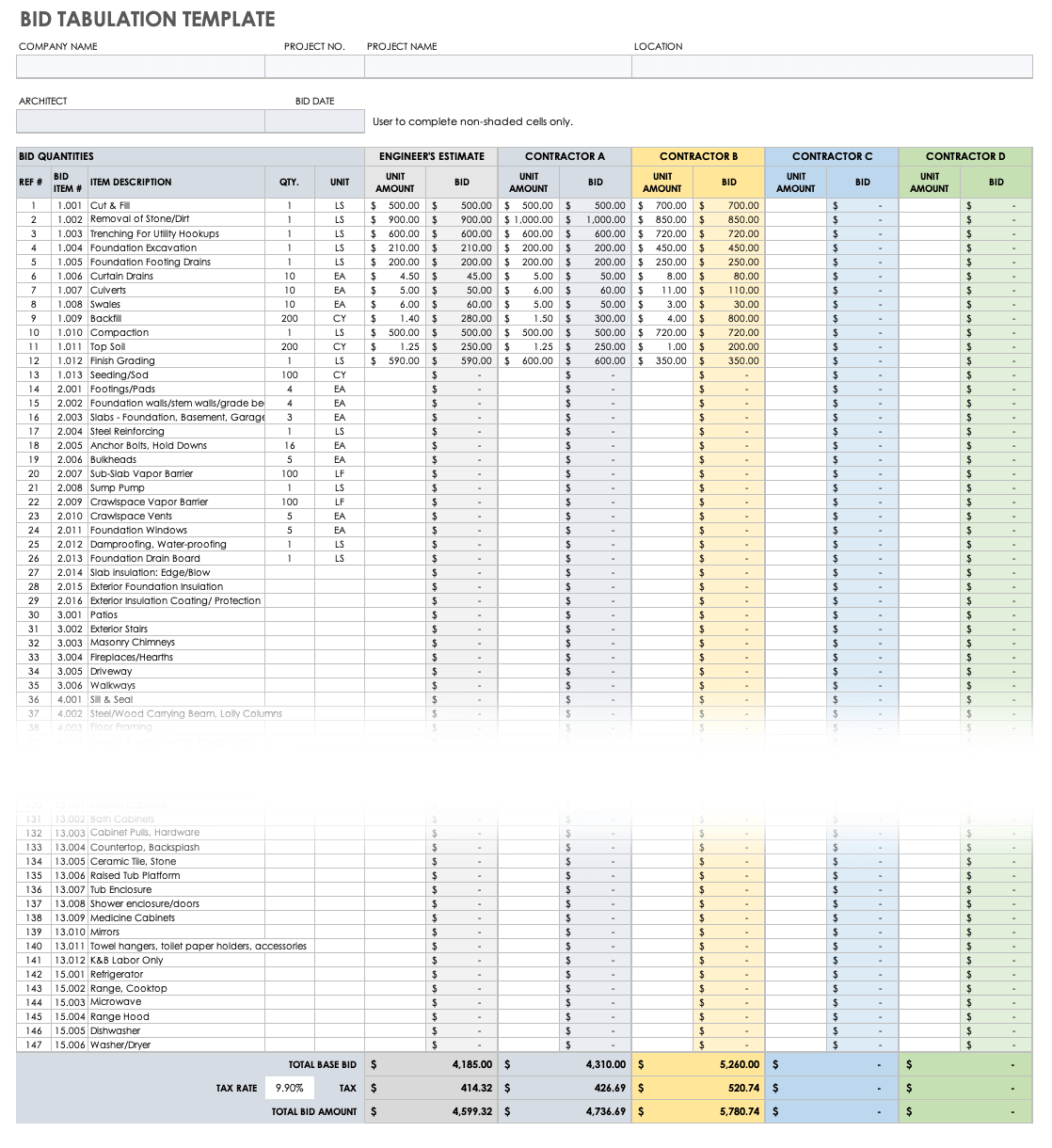 Bid Tabulation Template