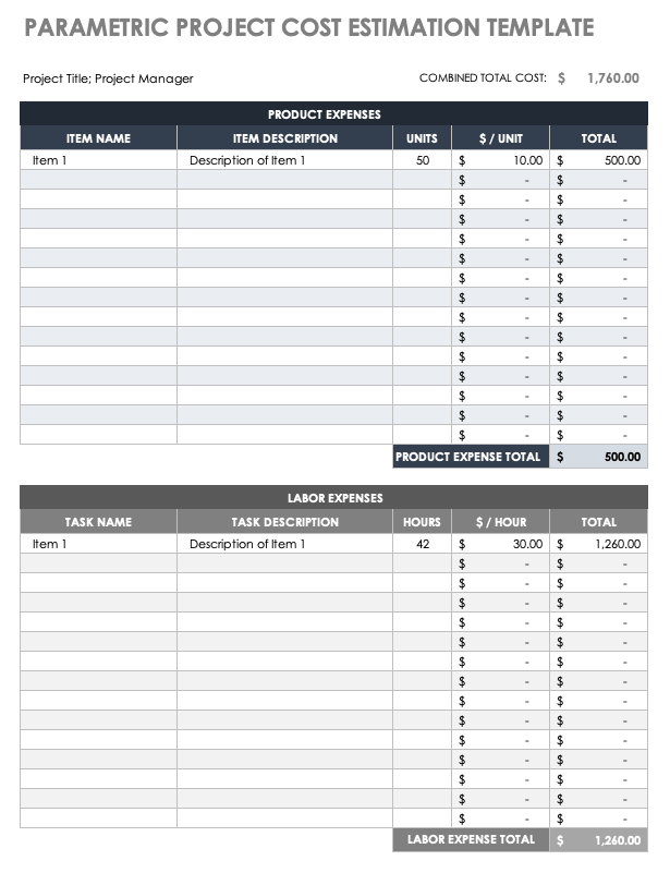 Parametric Project Cost Estimation Template