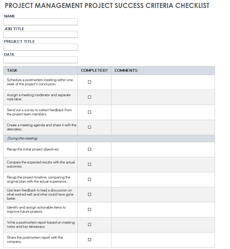 Project Management Project Success Criteria Checklist Template