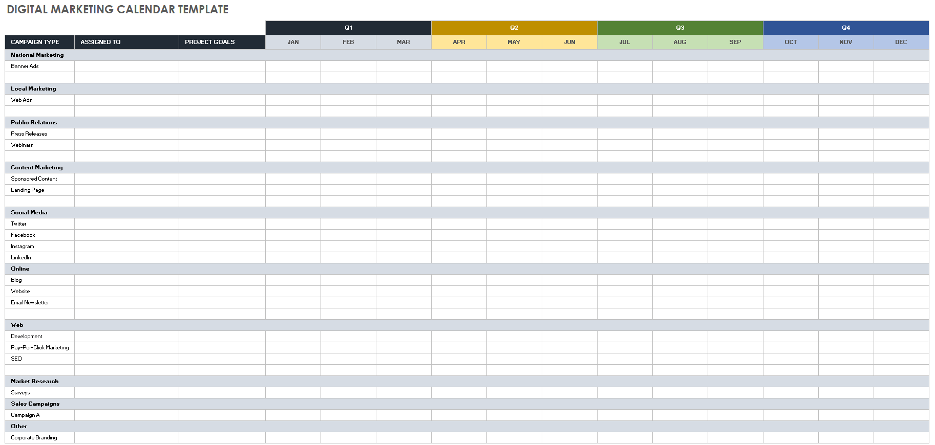 Digital Marketing Calendar Template