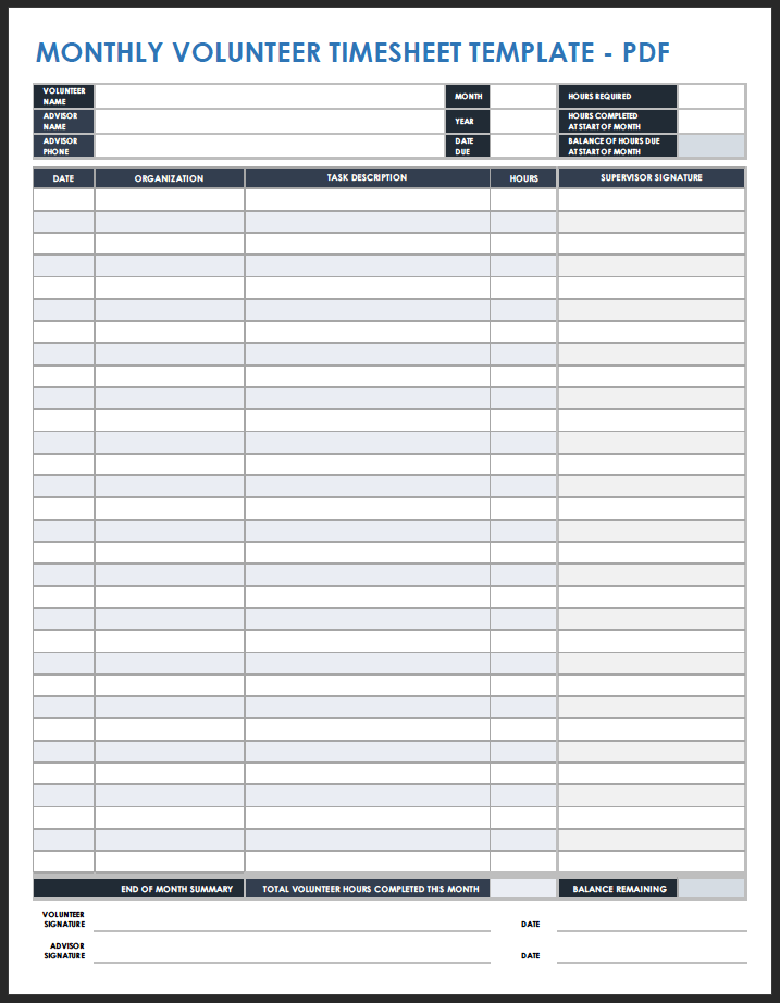 Monthly Volunteer Timesheet PDF Template