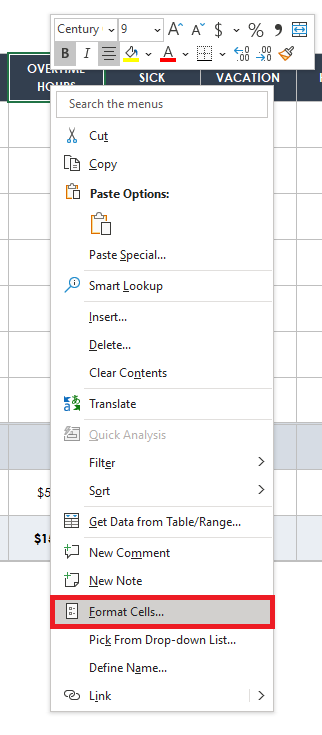 Timesheet Right Click Format Cells