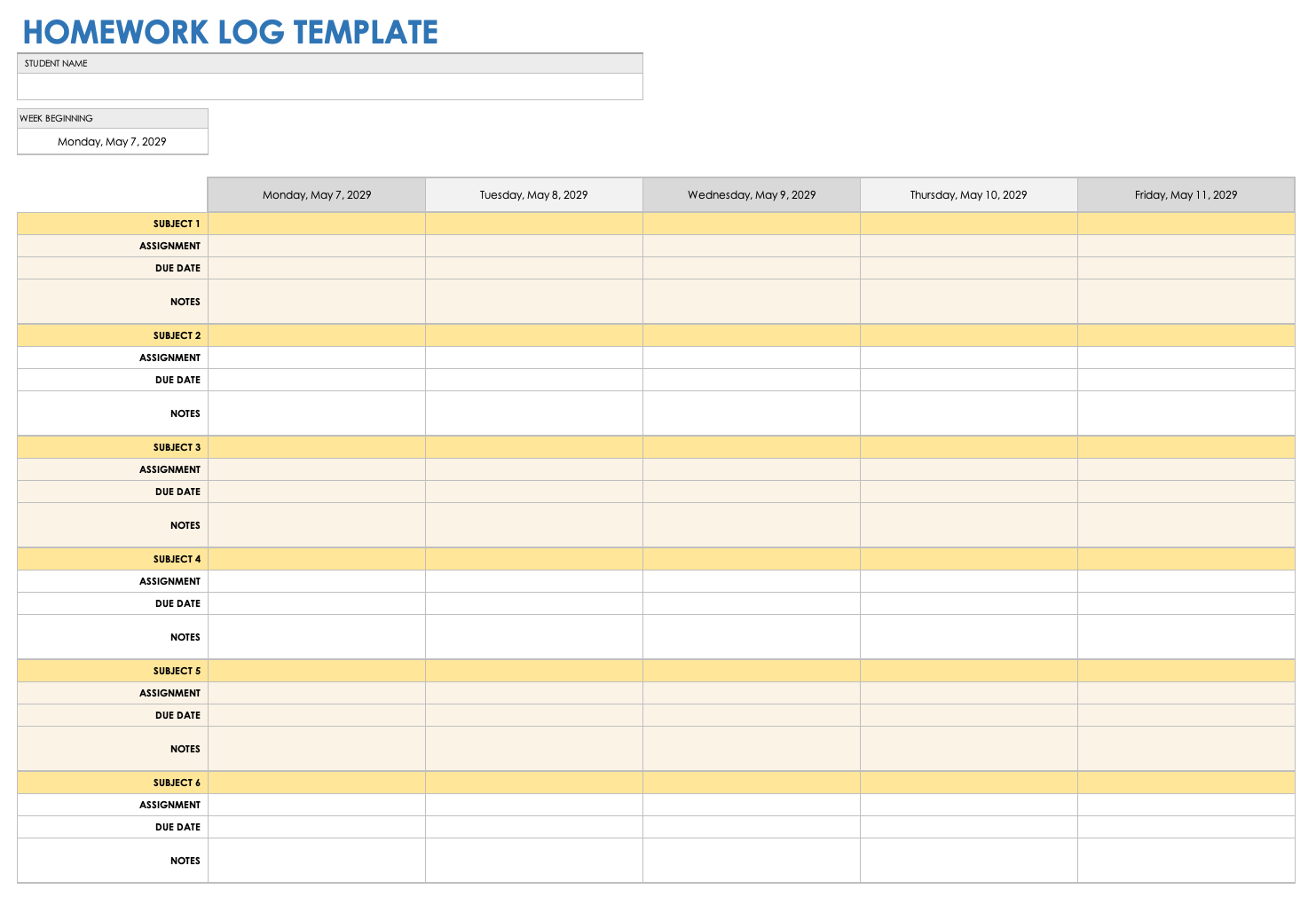 Homework Log Template