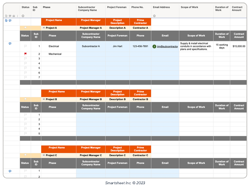 Smartsheet construction subcontractor documentation template image