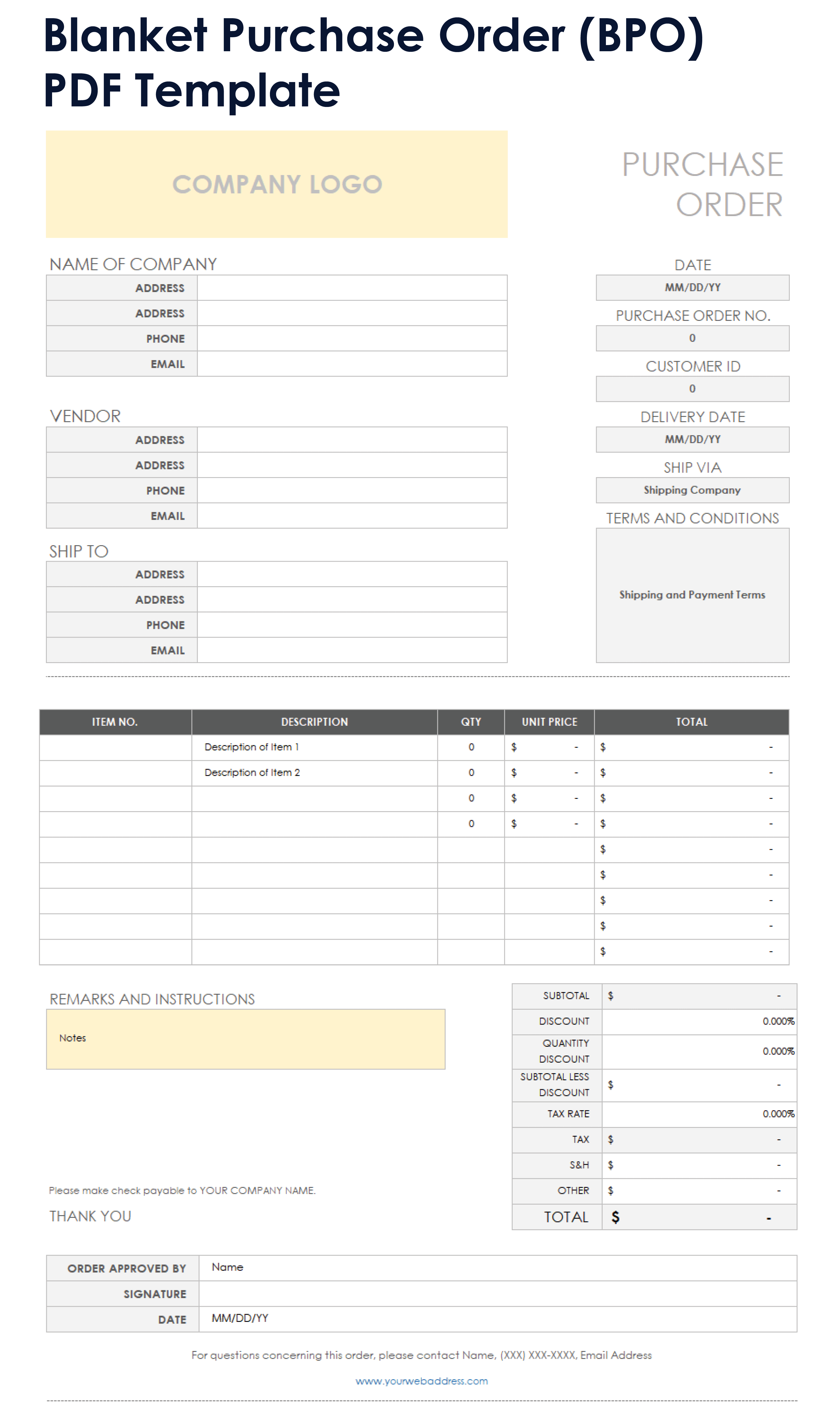 Blanket Purchase Order BPO Template