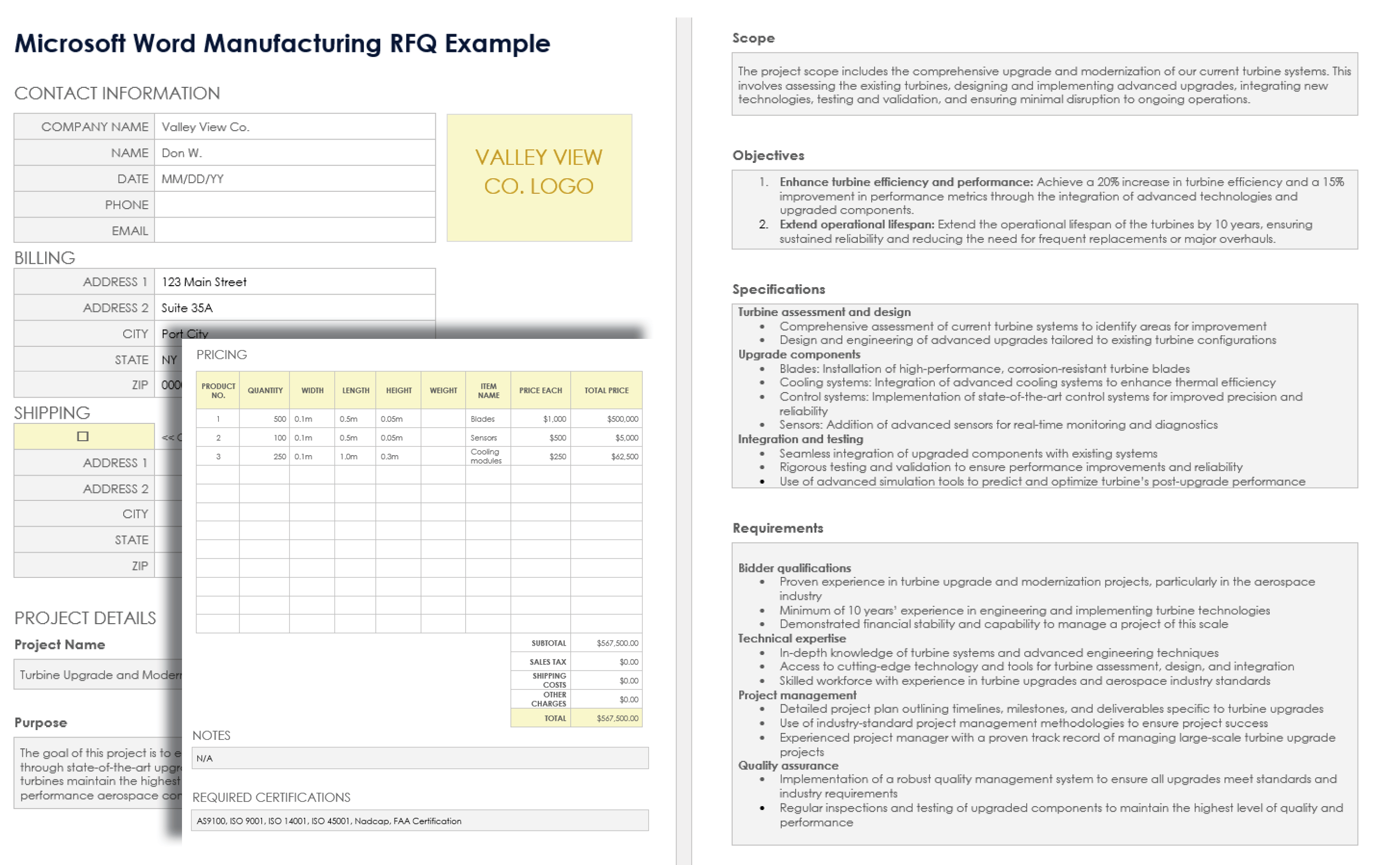 Microsoft Word Manufacturing RFQ Example