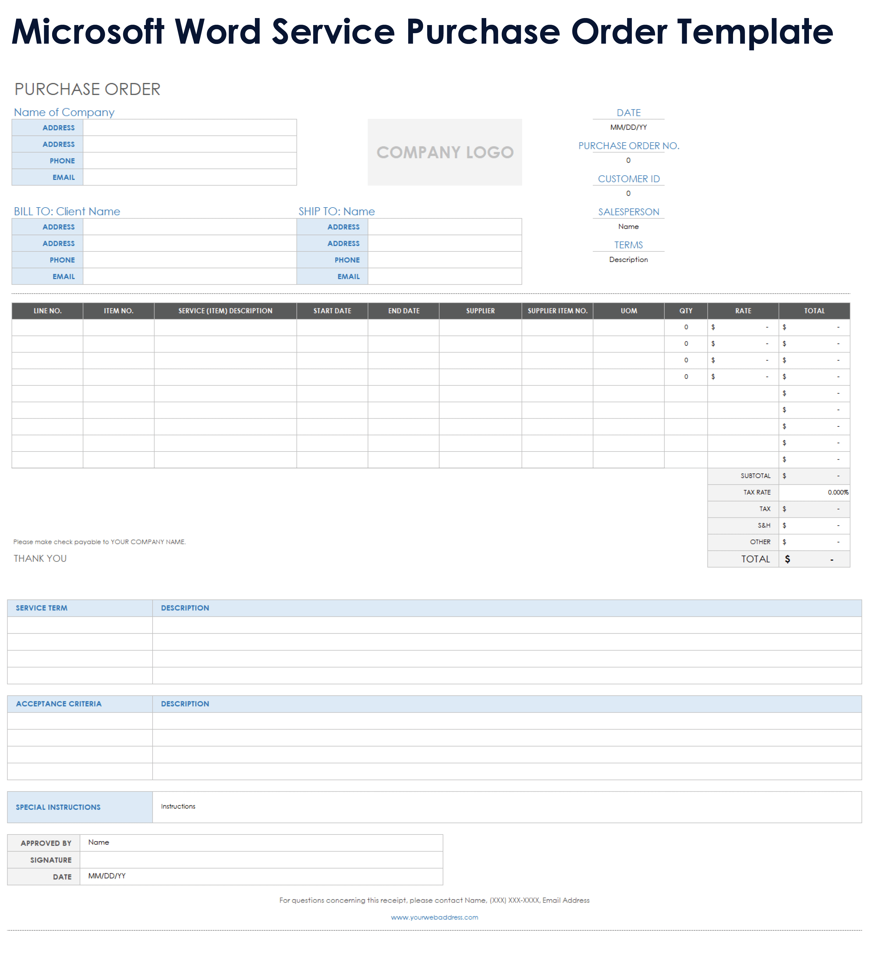 Microsoft Word Service Purchase Order Template