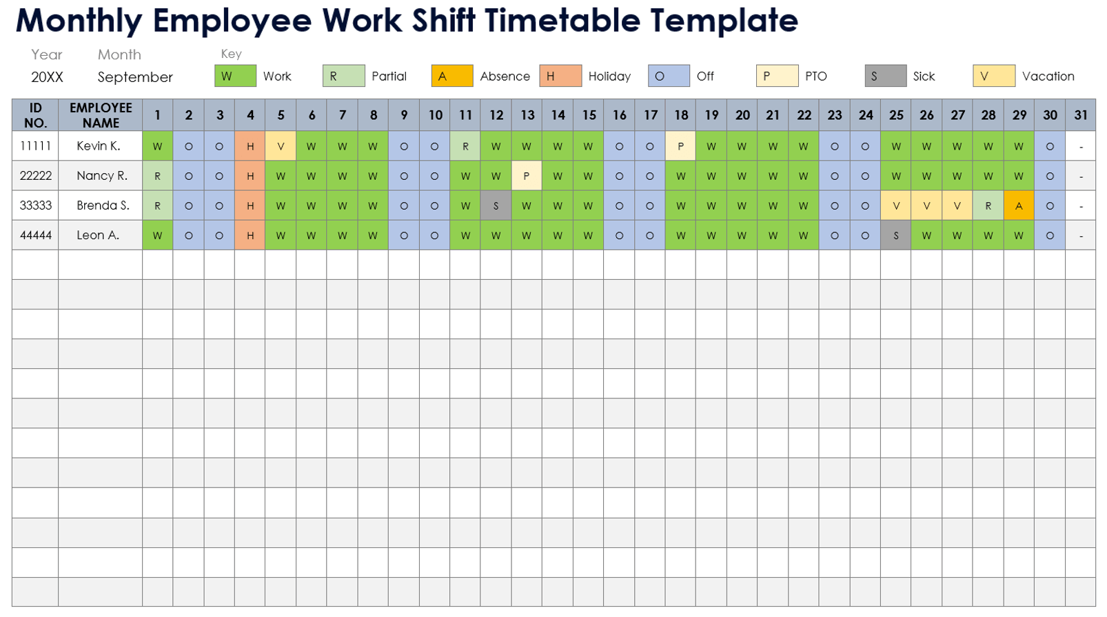 Monthly Employee Work Shift Timetable Template Example