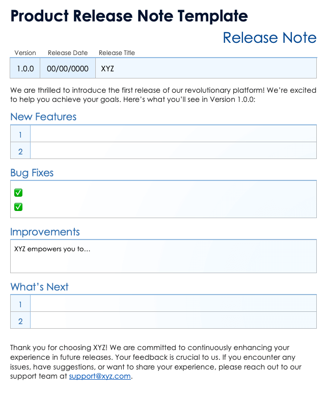 Product Release Note Template