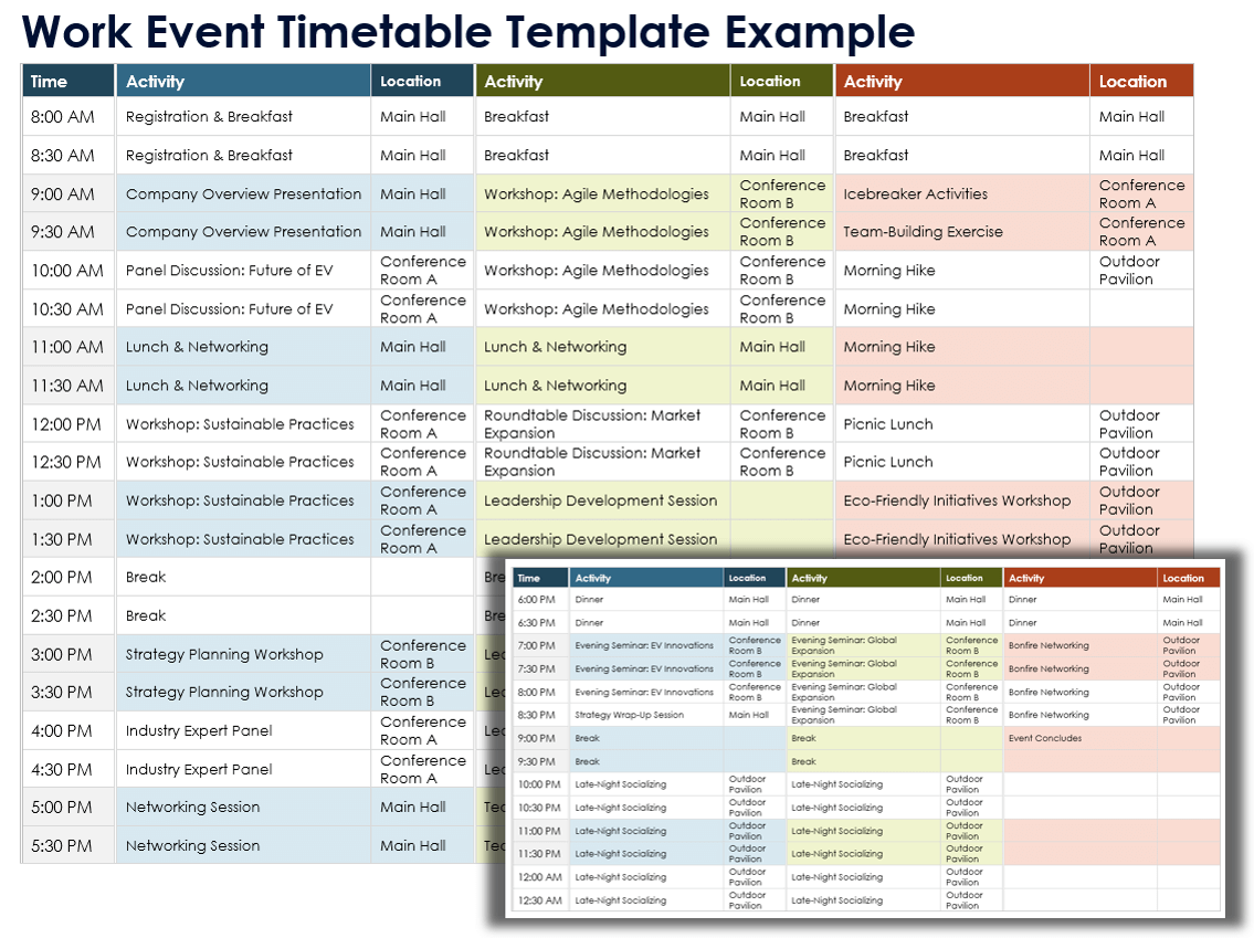 Work Event Timetable Template Example