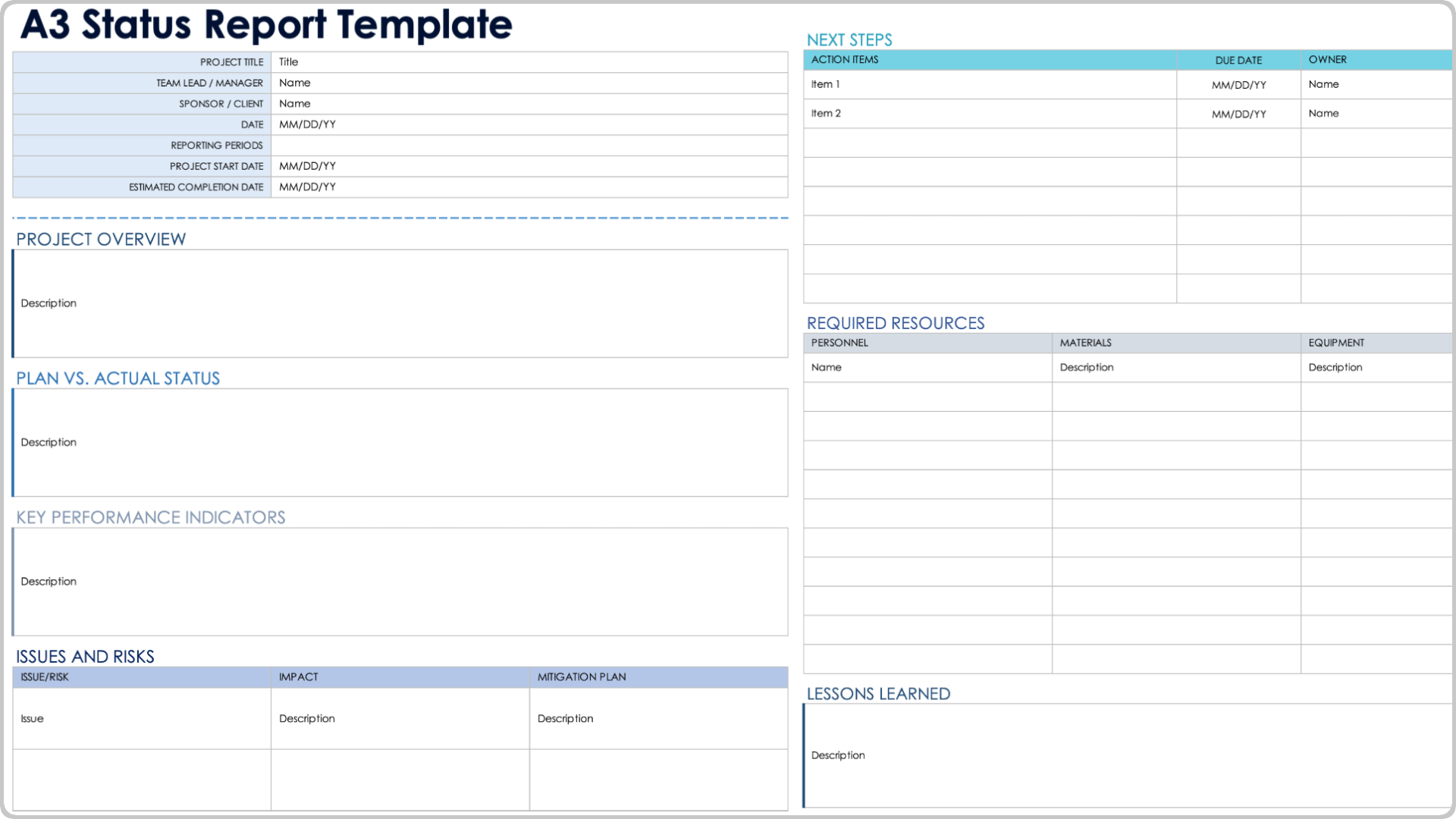 A3 Status Report Template