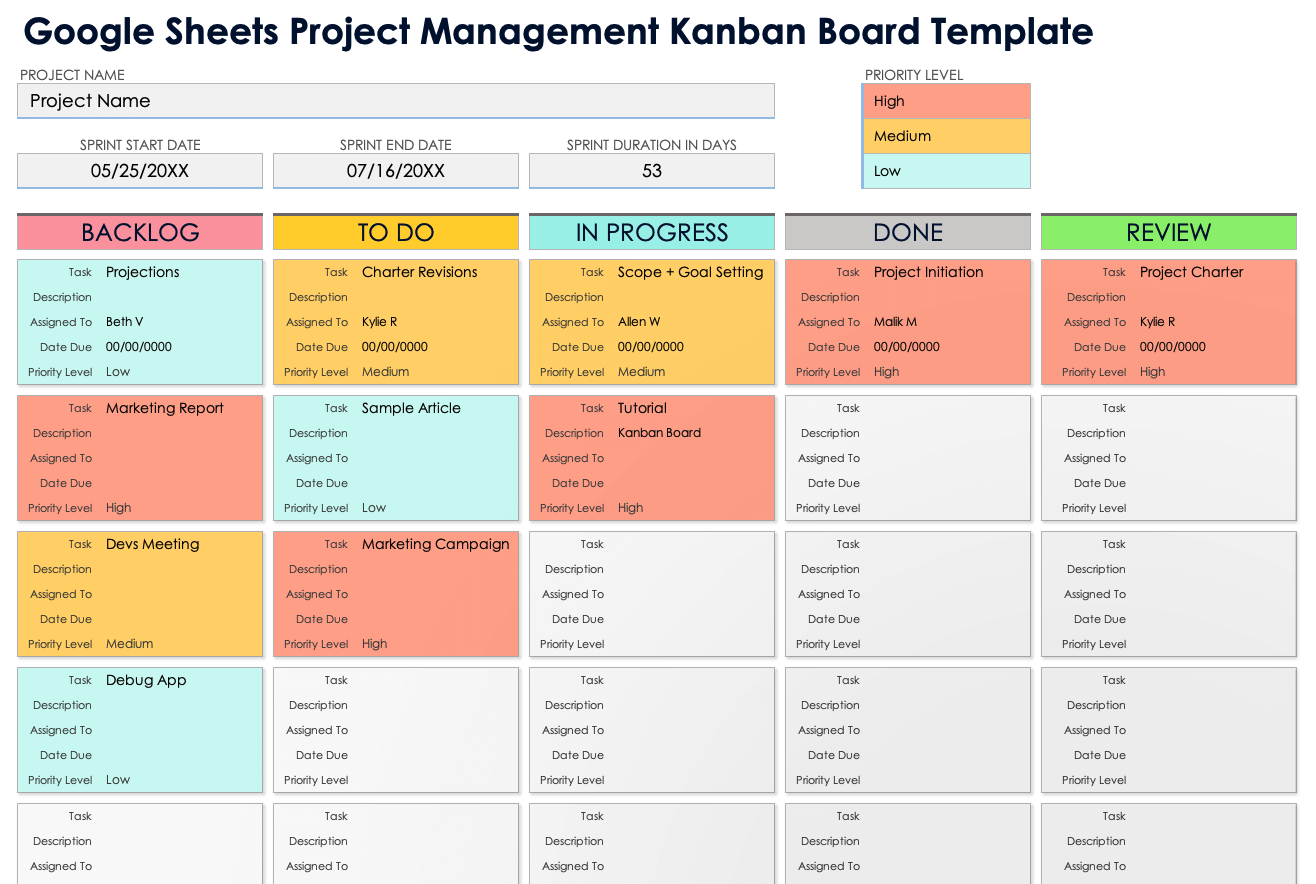 Google Sheets Project Management Kanban Board Template