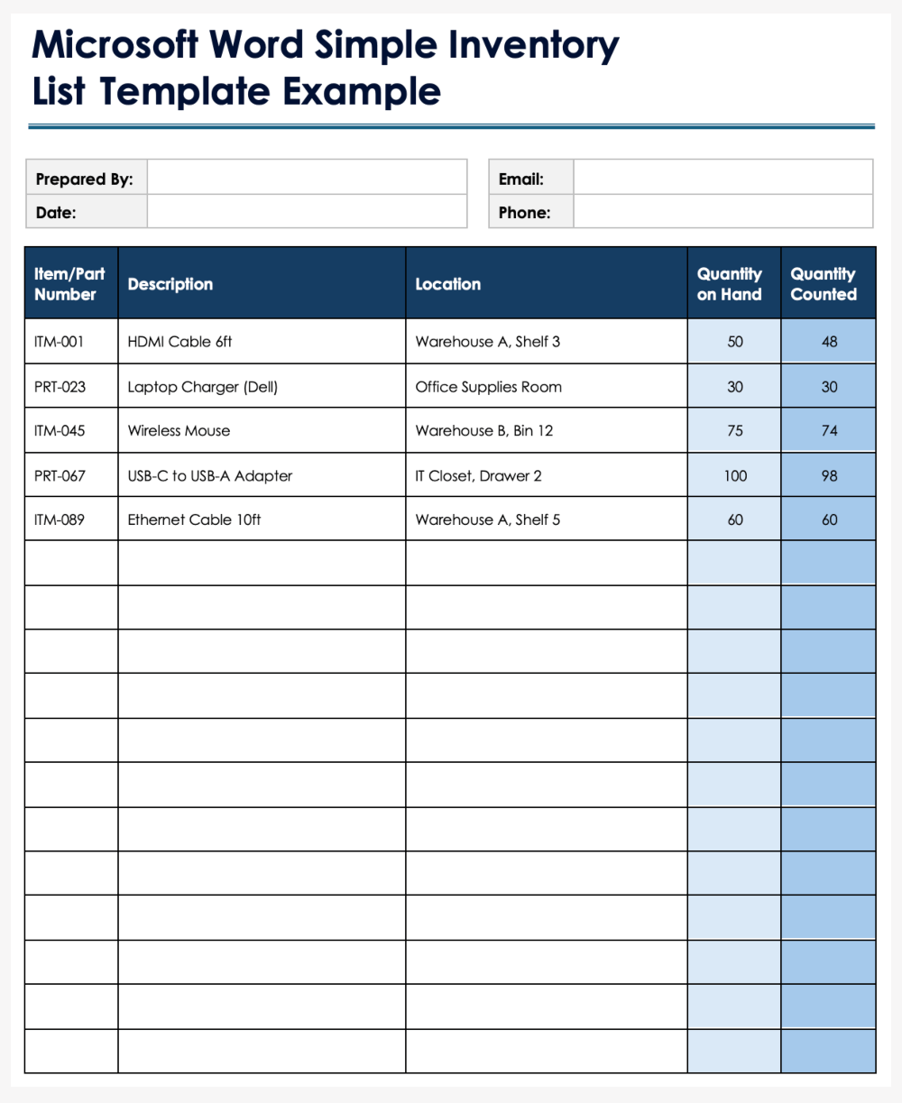 Microsoft Word Simple Inventory List Template Example