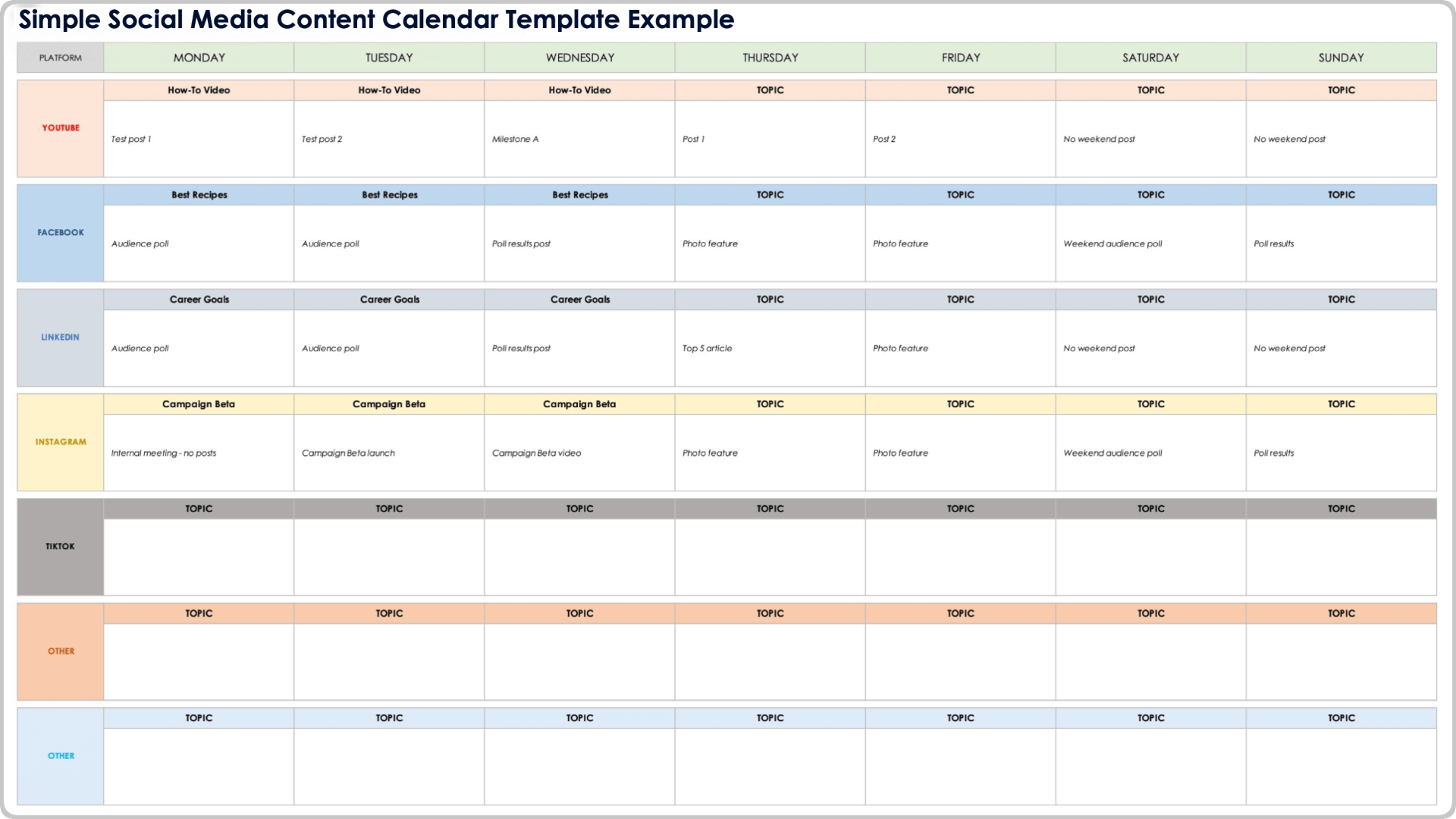 Simple Social Media Content Calendar Template Example