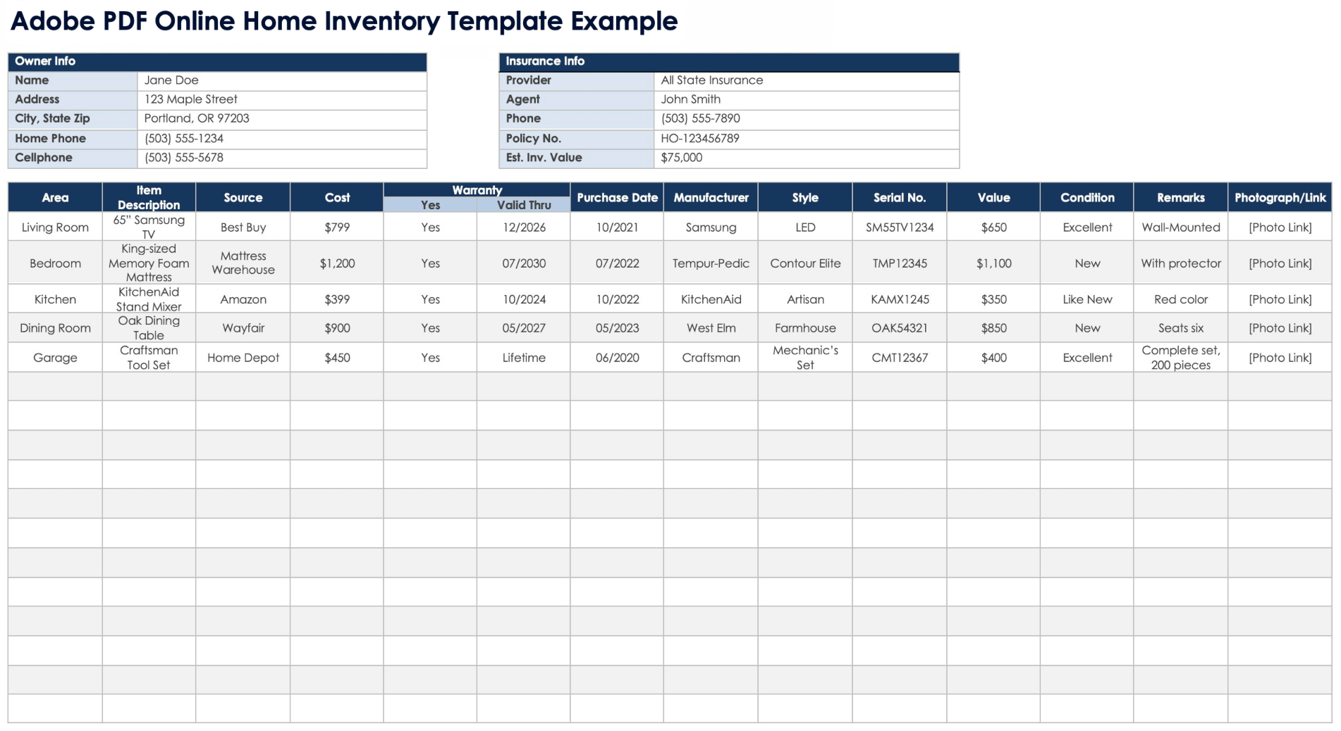 Adobe PDF Online Home Inventory Template