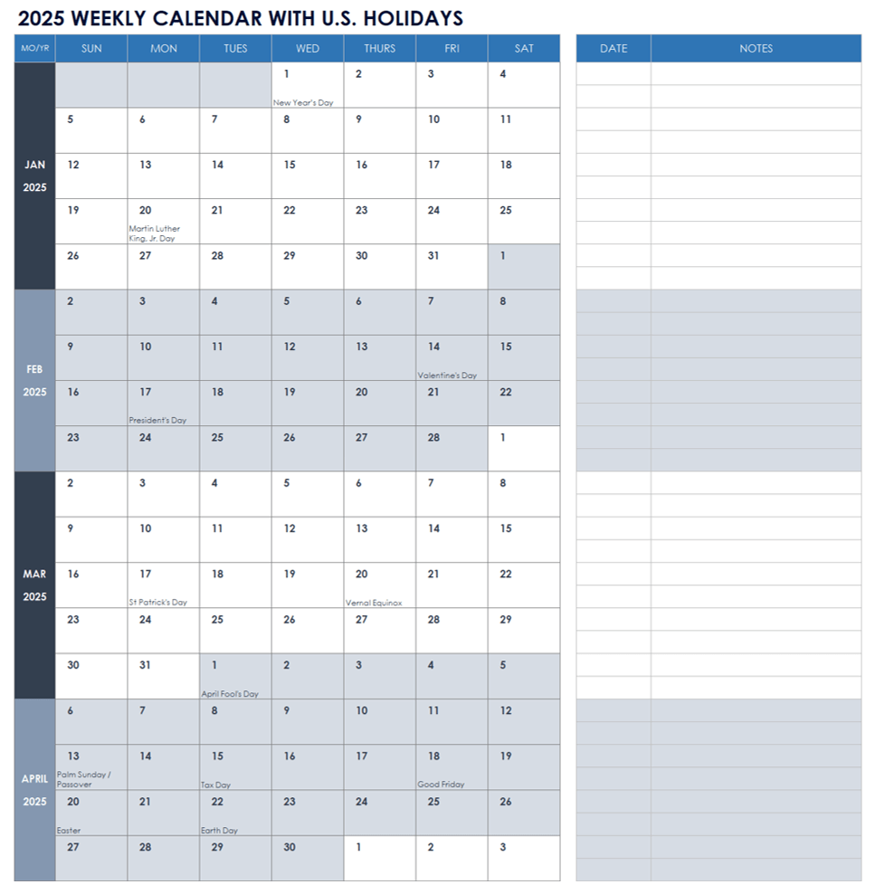 2025 Weekly Calendar with US Holidays