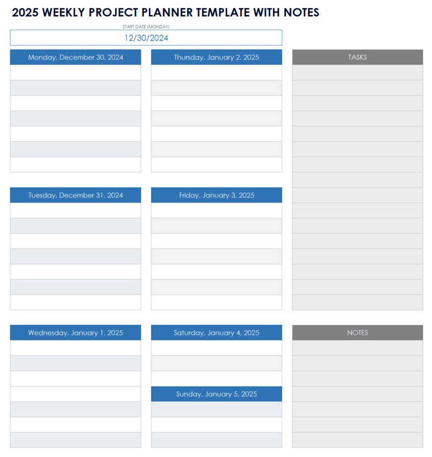 2025 Weekly Project Planner Template with Notes