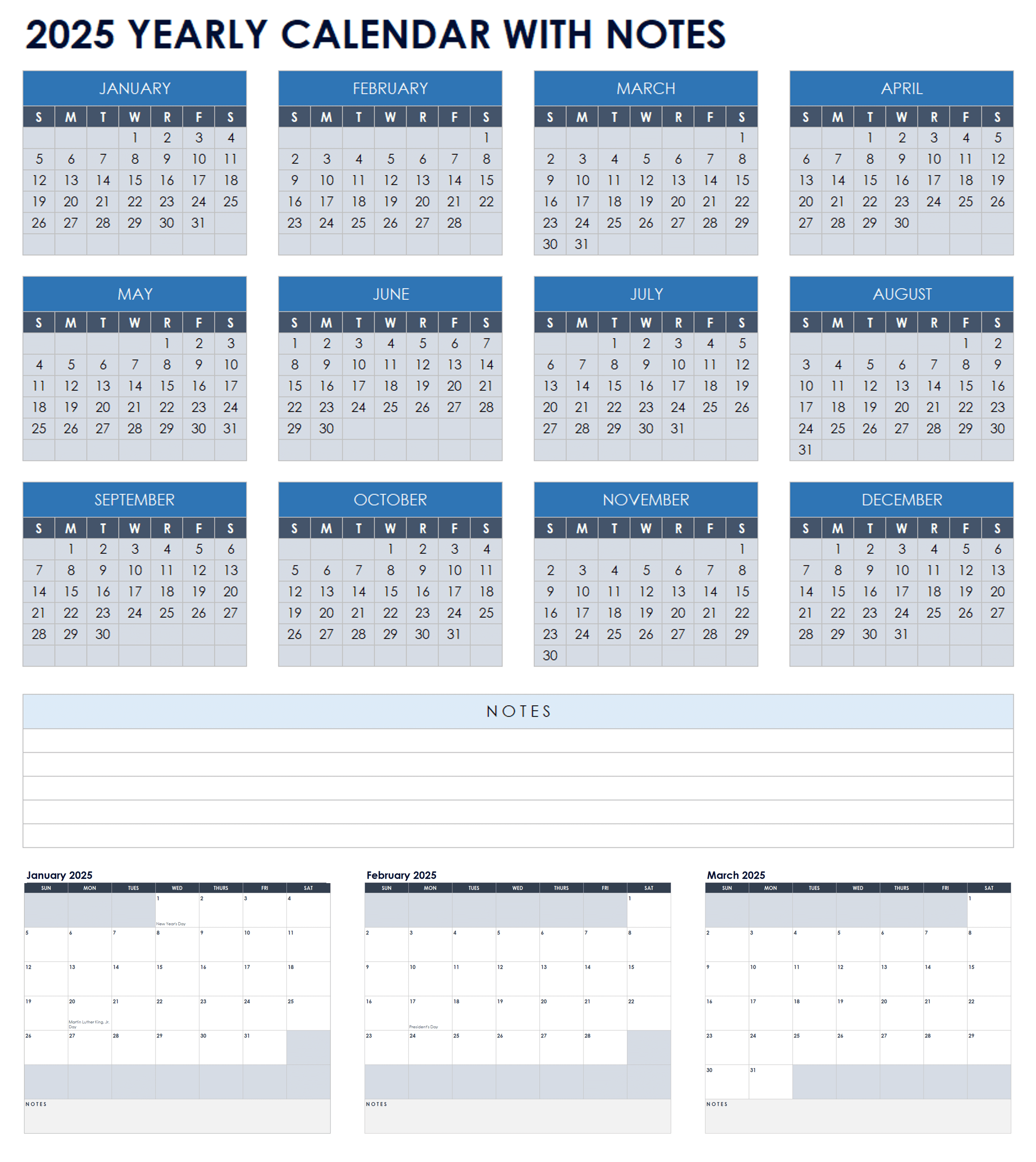 2025 Yearly Calendar with Notes