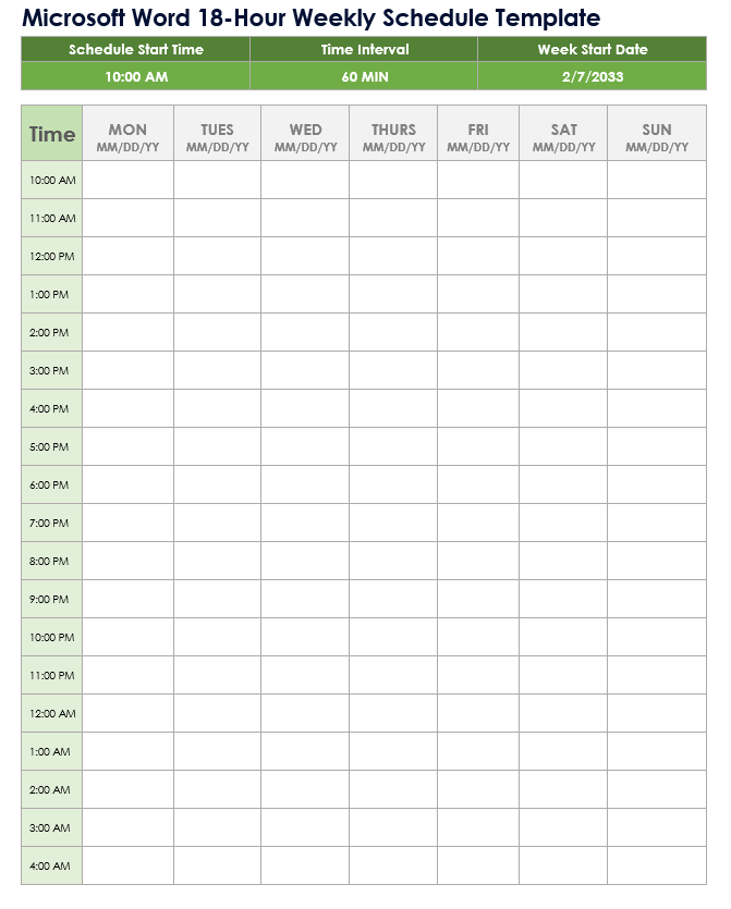 Microsoft Word 18-Hour Weekly Schedule Template