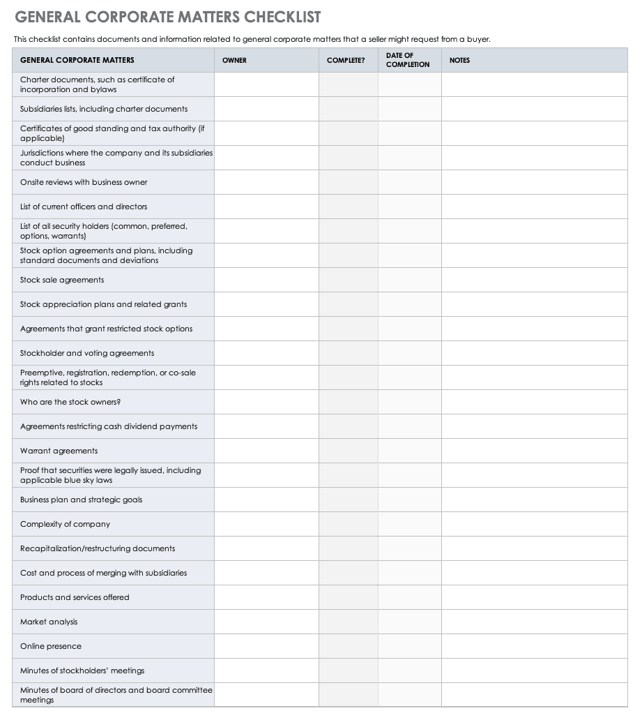 General Corporate Matters Checklist