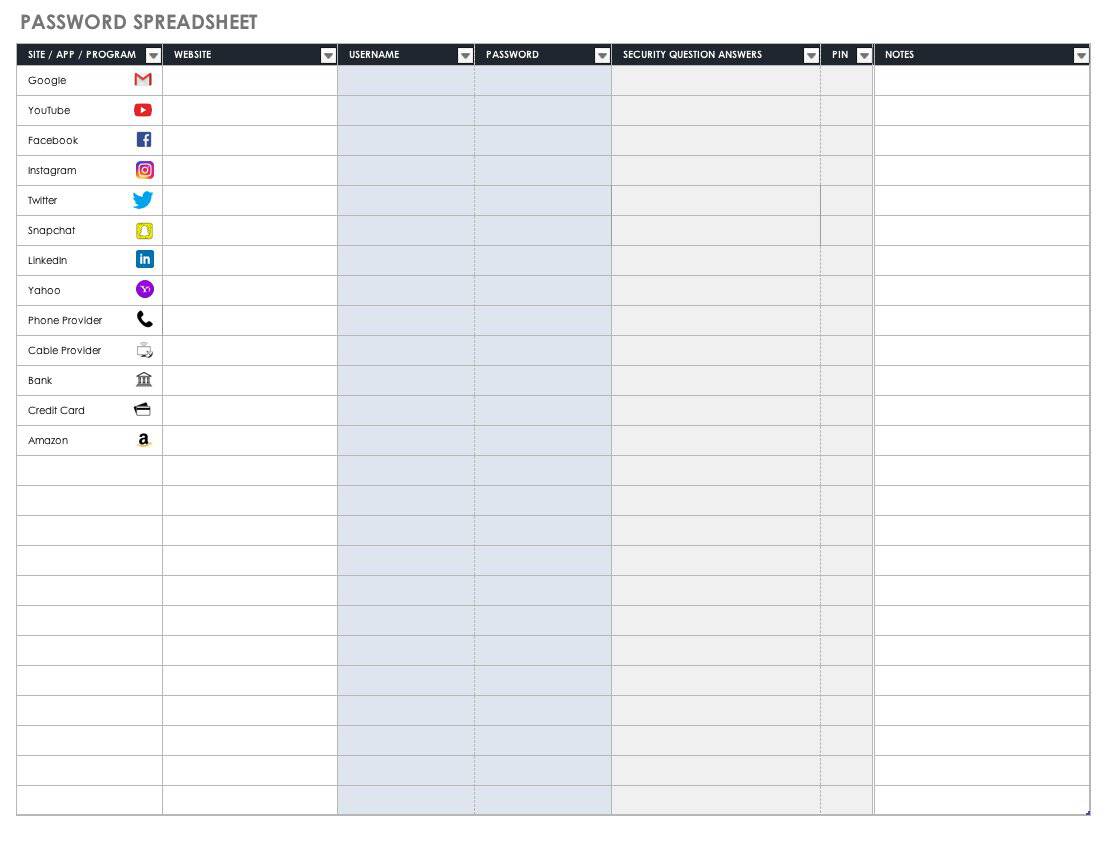 Password Spreadsheet Template