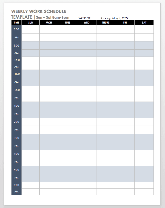 Sun Sat Weekly Schedule 8-6 Template