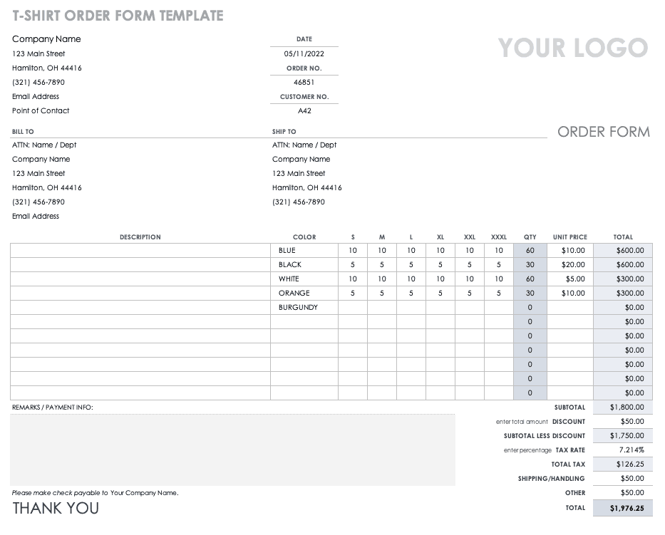 T-Shirt Order Form Template