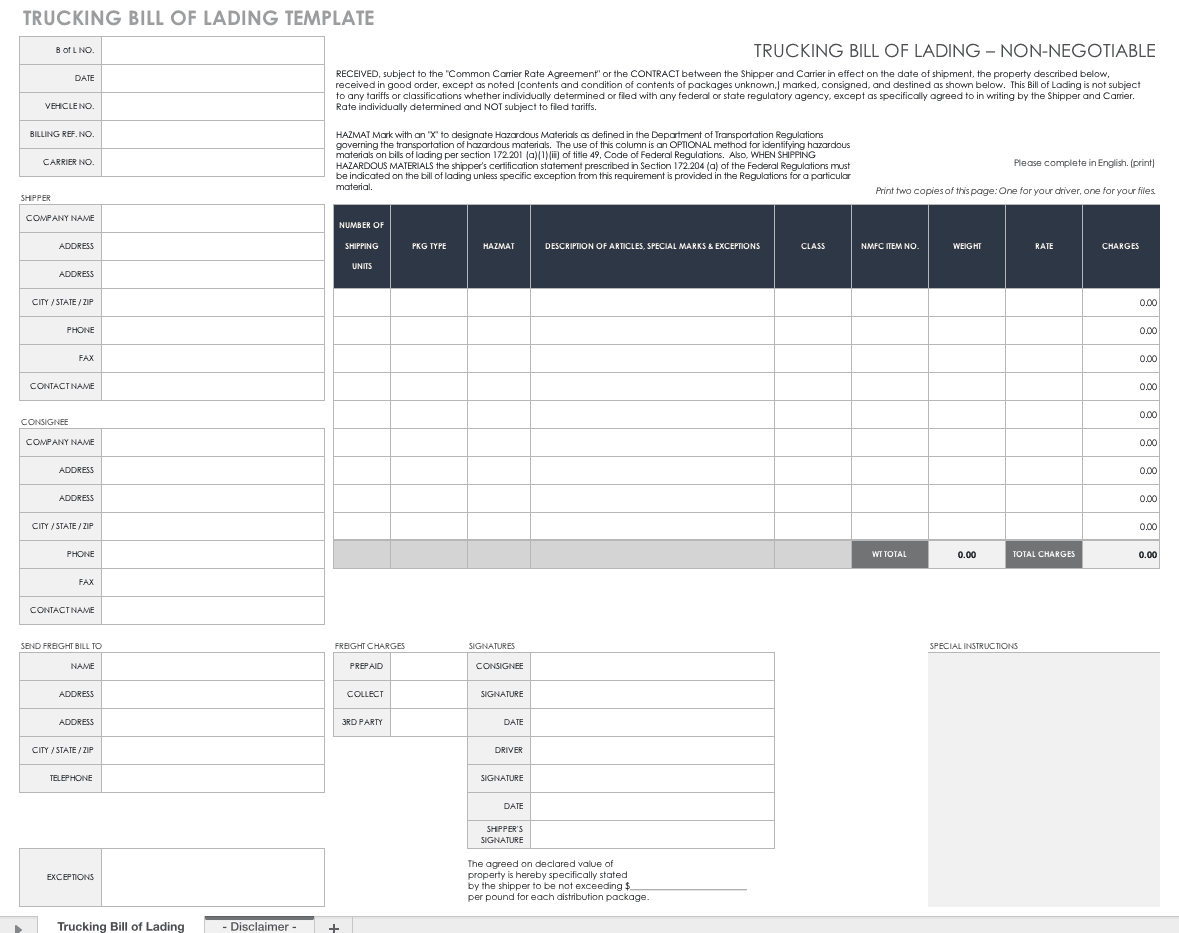 Trucking Bill of Lading 