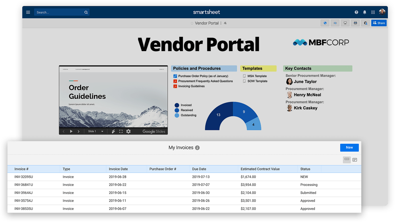 Example of Smartsheet Dynamic View embedded in a vendor portal.